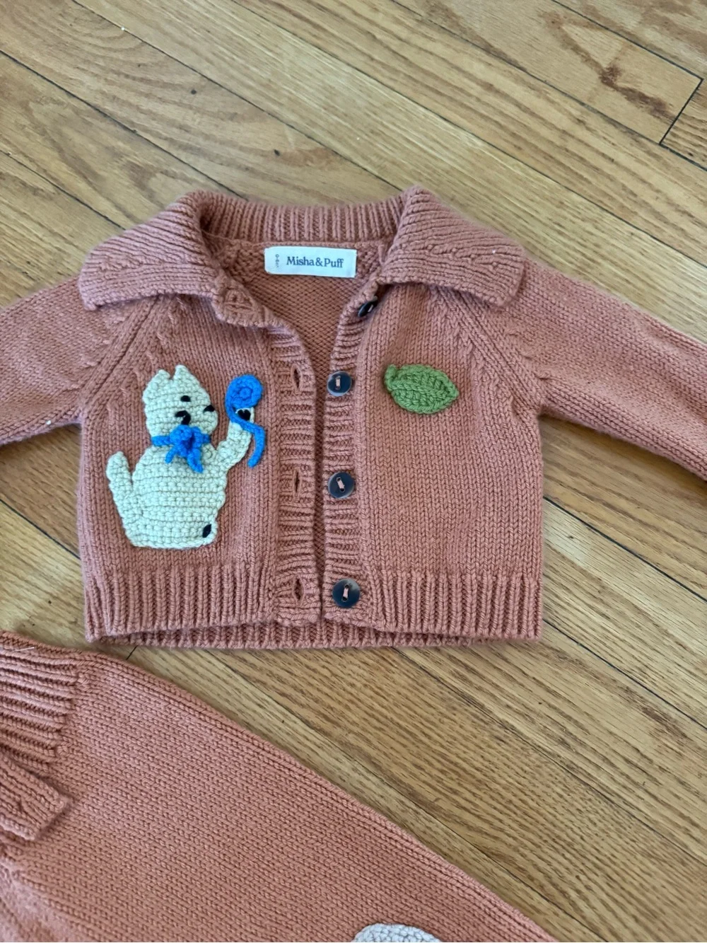 Misha And Puff Terracotta Knit Baby Matching Set with Cream & Green Appliqués